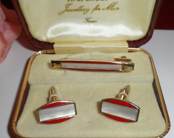 Vintage Stratton Nippy Clip Tie Pin With Matching Gilt Cuff Links | MOP & Red Enamel | Boxed Set | H Samuel Hard Plastic Vintage Box | 1960s
