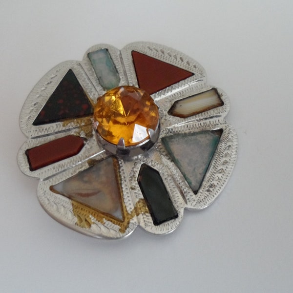 Beautiful Vintage Scottish Glass Agate Brooch | Silver | Scottish Citrine Stone | Hallmarked 1957 | A/F | Needs some TLC | WBS Stamp |