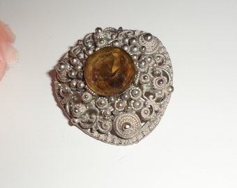 Vintage Signed West Brooch | Centre Faceted Amber Coloured Stone | Concrete Coloured Metal | Balls & Swirls | Heavy Gothic Style |