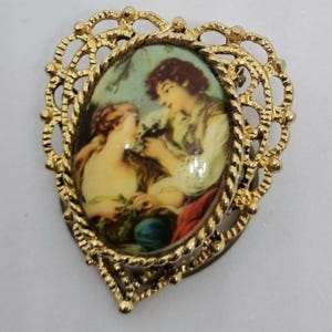 Vintage Scarf Ring | In the Style of Limoges | 1970&#39;s | Picture Scarf Ring | Love Heart Shape | Gold Tone Scrolled Open Work Edge | 3.5cm