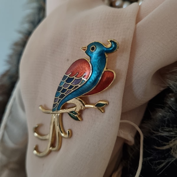 Fish and Crown Signed Vintage Champleve Enamel Bird of Paradise Brooch | Vivid Enamel & Gold Tone | 1980's