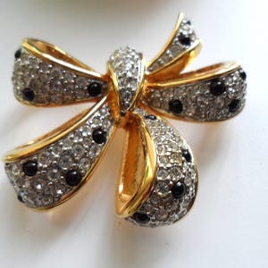Vintage 80's Diamonte Bow Brooch | Clear Rhinestones | Black Dots | Gold Plated Bow Brooch | Monet Style | Sparkly |  Heavy Chunky 5cm |