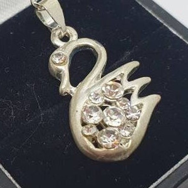 Petite Little Vintage Silver Swan Pendant with Austrian Crystals - 1970