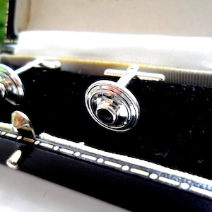 Beautiful Silver Cuff Links | Stamped 925 | Vintage 1980&#39;s | Boxed | Tiny Black Onyx Centre Stone |