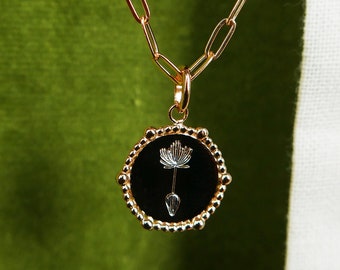 Scottish dandelion seed engraved botanical necklace • Sterling silver gold monogram pendant •  Minimalist bridesmaid gift