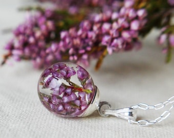 Scottish Highland heather resin sphere sterling silver necklace, Scotland celtic botanical pendant - Scottish fine jewellery