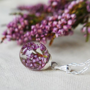 Scottish Highland heather resin sphere sterling silver necklace, Scotland celtic botanical pendant Scottish fine jewellery image 1