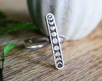 Moon phase long band ring in sterling silver, Celestial lunar ring - Scottish fine jewellery
