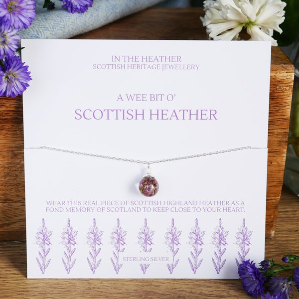 Scottish Highland heather resin necklace in sterling silver, Personalised jewellery message card, Custom gifts for her