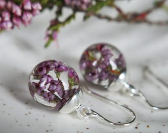 Scottish Highland heather resin sphere sterling silver earrings, Scotland celtic botanical earrings - Scottish fine jewellery