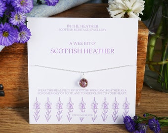Scottish Highland heather resin necklace in sterling silver, Personalised jewellery message card, Custom gifts for her