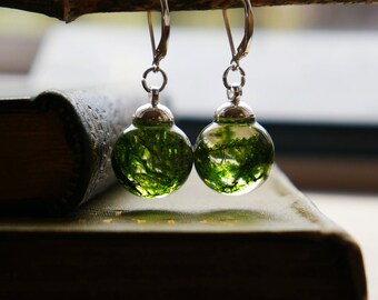 Terrarium Earrings Nature Inspired Earrings Dandelion Real Moss Earrings Green orb Earrings Woodland Resin Moss,Botanical Earrings,Gift for