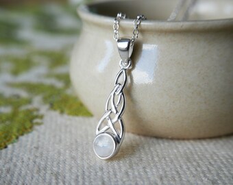 Scottish triquetra rainbow moonstone necklace in sterling silver, Scotland celtic gemstone pendant - Scottish fine jewellery