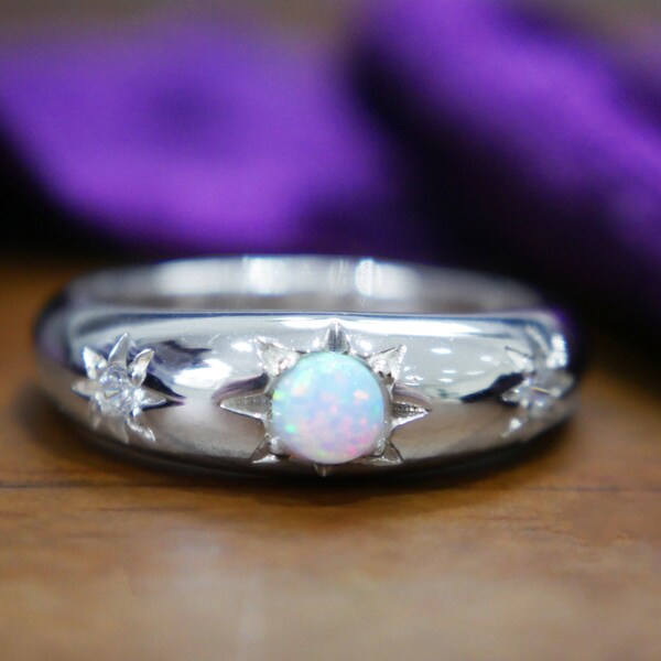 Opal star ring in sterling silver, Scottish aurora gemstone band ring - Scottish fine jewellery