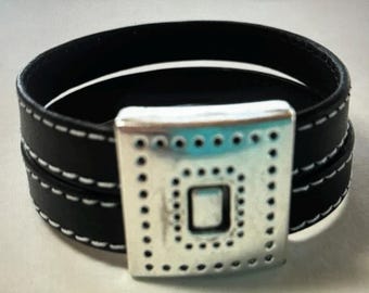 Double Stitched Italian Leather Bracelet with Square Magnetic Clasp