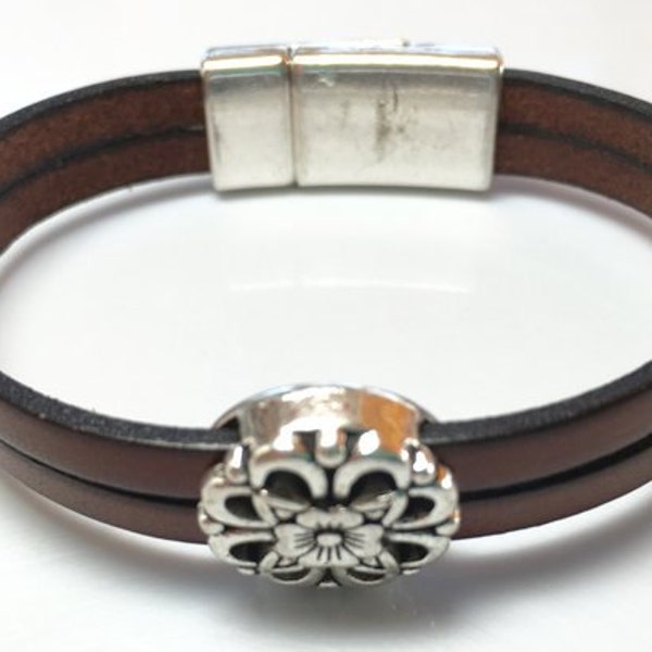 Pellarte Double Italian Leather Bracelet with Fancy Flower Bead and Simple Magnetic Clasp - 3/8" Wide