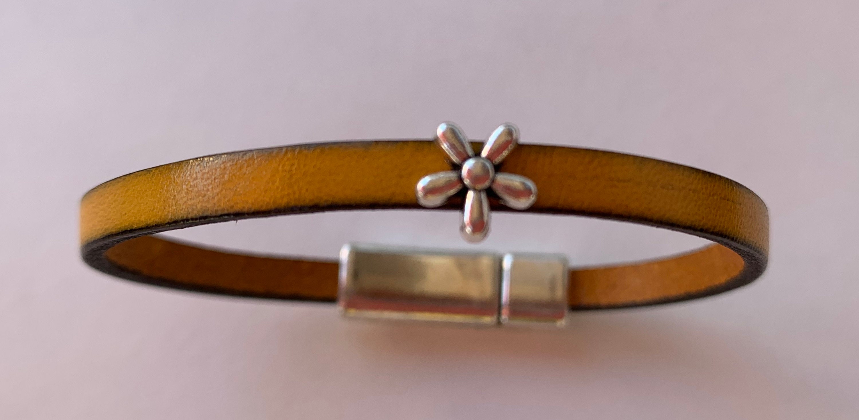 Pellarte Mini Italian Leather Bracelet with Flower Bead and Simple Magnetic Clasp - Assorted Colors