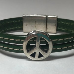 Pellarte Double Italian Leather Bracelet with Peace Sign and Simple Clasp - 3/8&quot; Wide - Mustard, Red, Black, Stitched Green & Stitched Red