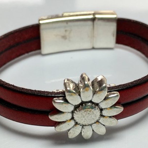Pellarte Double Italian Leather Bracelet with Sunflower Bead and Simple Magnetic Clasp - 3/8" Wide - Black, Red, Gold, Brown and Green