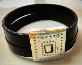 Double Italian Leather Bracelet: Square Magnetic Clasp, Handmade