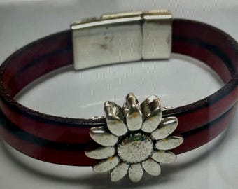 Pellarte Double Italian Leather Bracelet with Sunflower Bead and Simple Magnetic Clasp - 3/8" Wide