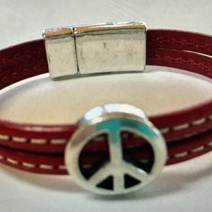 Pellarte Double Italian Leather Bracelet with Peace Sign and Simple Clasp - 3/8&quot; Wide - Mustard, Red, Black, Stitched Green & Stitched Red