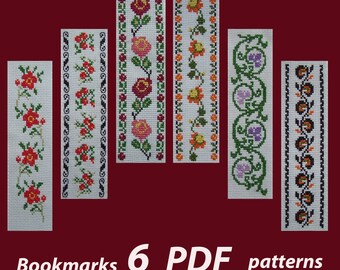 Six patterns of flower bookmarks, Set of patterns of flower bookmarks, Floral ornament, Six patterns of cross stitch for bookmarks,