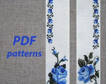 Two blue Roses Cross-stitch bookmark pattern, Cross stitch pattern for bookmarks with roses