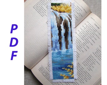 Waterfall, Bookmark cross stitch pattern with waterfall, Miniature cross stitch, Landscape with a cross, Landscape miniature cross stitch