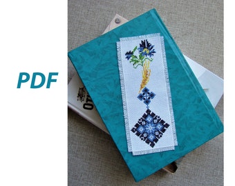 Ukrainian motif Cross-stitch bookmark with Ukrainian ornament, Ukrainian ornament and flowers pattern, Cornflowers and wheat ear