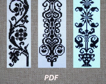 Set of three monochrome bookmark patterns, Floral monochrome ornament, Three patterns of cross stitch for bookmarks, Schemes of bookmarks