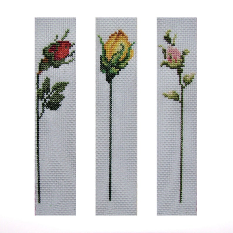 Three Rosebud Bookmarks, Digital Cross Stitch Bookmark Charts, Cross ...