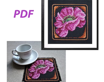 Poppy Pattern for mini-picture and cup coaster with poppy for cross stitch, Cross stitch pattern, Poppy embroidery pattern, Miniature