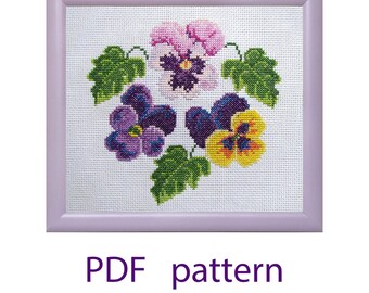 Modèle de point de croix pensées et violettes : coeur floral