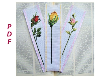 Three Rosebud Bookmarks, Digital Cross Stitch Bookmark Charts, Cross Stitch Bookmarks