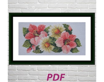 Hollyhocks and Daisies, Cross Stitch Pattern PDF, Floral Embroidery, Instant Download