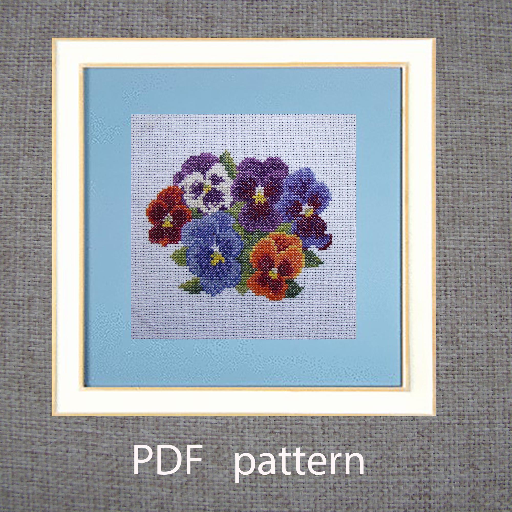 Pensées et violettes au point de croix Modèle de point de croix pensées et violettes : fleurs miniatures