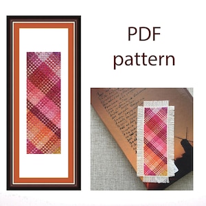 May include: A framed cross-stitch pattern with a geometric design in shades of pink, orange, and red. The text "PDF pattern" is displayed in brown. A second, unframed cross-stitch bookmark is also shown.