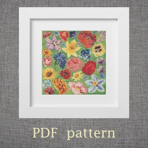 Puede incluir: Un patrón de punto de cruz colorido que presenta una variedad de flores en tonos de rojo, rosa, amarillo, azul y morado. Las flores están dispuestas en un patrón aleatorio sobre un fondo verde. El patrón está enmarcado en un marco blanco.