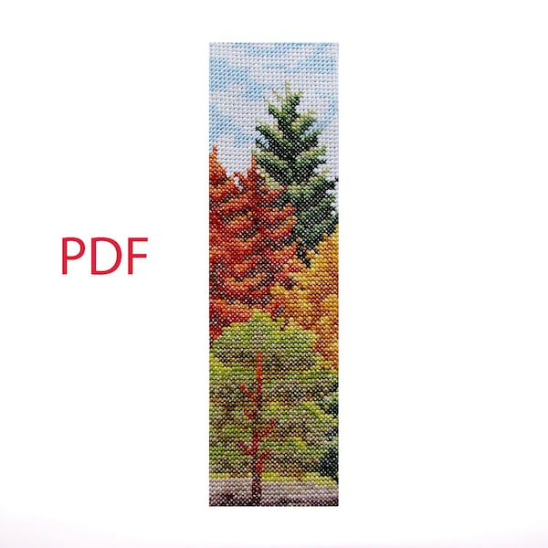 Cross Stitch bookmark pattern, Autumn forest bookmark pattern, Autumn forest landscape, Autumn forest cross stitch, Instant download