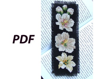 White flowers Cross stitch Pattern bookmark, Pattern for bookmark, Bookmark with Flowers