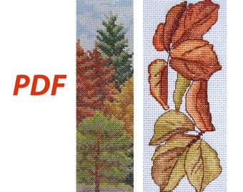 Autumn Bookmark patterns with an autumn plot Two autumn cross stitch patterns Autumn forest Autumn leaves