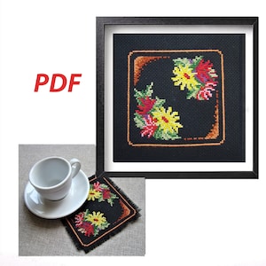 Bouquet of flowers Cross Stitch pattern of a mini-picture and a coaster for cups with flowers, Scheme of a cross stitch coaster for cups