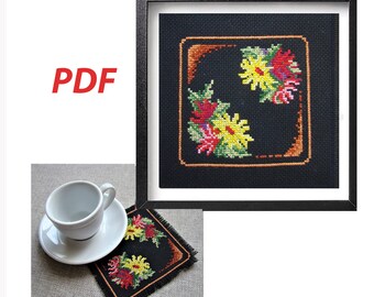 Bouquet of flowers Cross Stitch pattern of a mini-picture and a coaster for cups with flowers, Scheme of a cross stitch coaster for cups