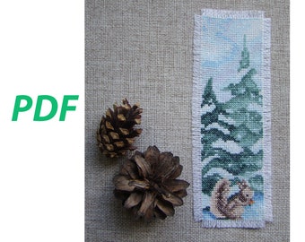 Winter forest, Bookmark embroidery pattern with winter forest and squirrel, Winter landscape, Cross stitch bookmark