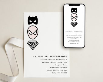 Girl Superhero Invite Template, Superhero Party Invite, Superhero Invite, Pink Superhero, Superhero Party Invite, Superhero Icons Evite