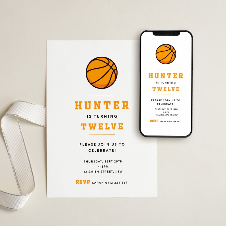 Basketball Birthday Invitation Printable, Simple Basketball Birthday ...