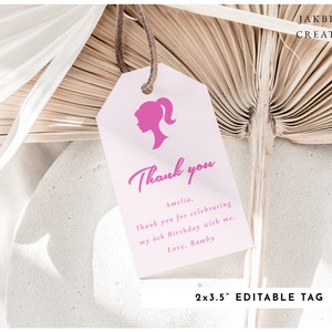 Doll Party Thank You Tag, Doll Birthday Party, Hot Pink Birthday Party Favour Tag, Pink Doll Birthday Tag, Girls Doll Party Favour Tag