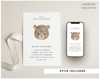 Teddy Bear 1st Birthday Invitation, Neutral Invite (Digital Download)