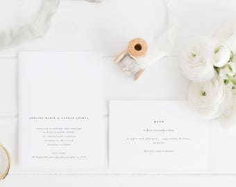 Printed Wedding Invitation Suite - Simple wedding invite - Modern - White - Invitation Set - Minimalist Wedding Invitations - White and Grey